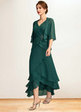 Molly A-Line V-neck Asymmetrical Chiffon Mother of the Bride Dress With Beading Sequins Cascading Ruffles BF2126P0015005