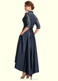 Leila A-Line V-neck Asymmetrical Satin Lace Mother of the Bride Dress With Sequins Pockets BF2126P0015008