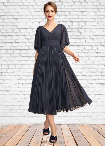 Gabriella A-Line V-neck Tea-Length Chiffon Mother of the Bride Dress With Pleated BF2126P0015012