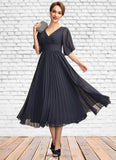 Gabriella A-Line V-neck Tea-Length Chiffon Mother of the Bride Dress With Pleated BF2126P0015012