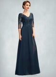 Undine A-Line V-neck Floor-Length Chiffon Lace Mother of the Bride Dress With Sequins Split Front BF2126P0015014