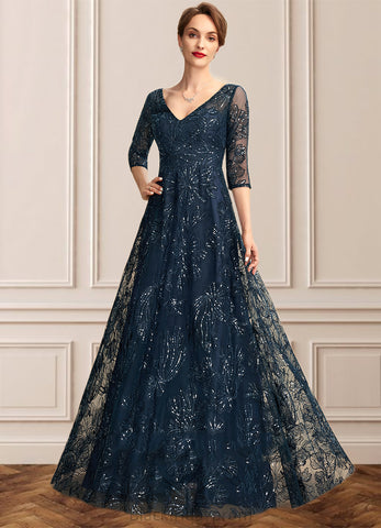 Lacey A-Line V-neck Floor-Length Lace Mother of the Bride Dress With Sequins BF2126P0015015