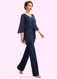 Averi Jumpsuit/Pantsuit V-neck Floor-Length Chiffon Mother of the Bride Dress With Cascading Ruffles BF2126P0015019