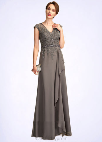 Claire A-Line V-neck Floor-Length Chiffon Lace Mother of the Bride Dress With Beading Sequins Cascading Ruffles BF2126P0015030