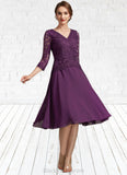 Hortensia A-Line V-neck Knee-Length Chiffon Lace Mother of the Bride Dress With Beading Sequins BF2126P0015035