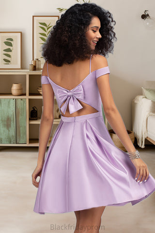 Mila A-line Off the Shoulder Short/Mini Satin Homecoming Dress With Bow BF2P0020568