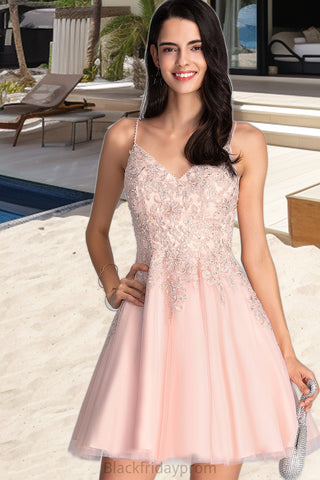 Nataly A-line V-Neck Short/Mini Tulle Homecoming Dress With Beading BF2P0020538