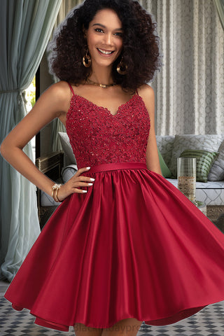 Allison A-line V-Neck Short/Mini Lace Satin Homecoming Dress With Beading BF2P0020554