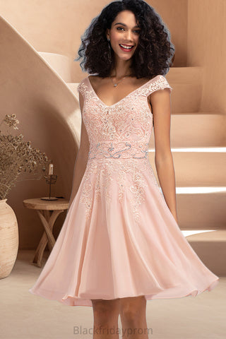 Cassie A-line V-Neck Knee-Length Chiffon Lace Homecoming Dress With Beading BF2P0020565