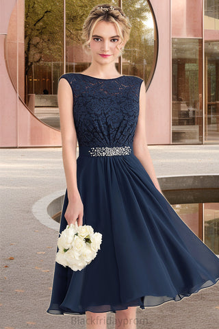 Marely A-line Scoop Knee-Length Chiffon Lace Homecoming Dress With Beading Bow BF2P0020588