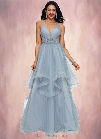 Kayleigh Ball-Gown/Princess Halter V-Neck Floor-Length Tulle Prom Dresses With Beading Rhinestone Sequins BF2P0022199