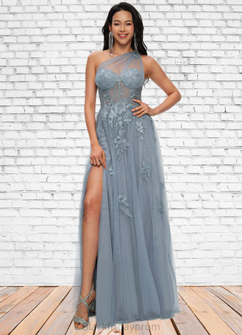 Kylee A-line One Shoulder Floor-Length Tulle Prom Dresses With Appliques Lace Sequins BF2P0022200
