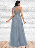 Kylee A-line One Shoulder Floor-Length Tulle Prom Dresses With Appliques Lace Sequins BF2P0022200