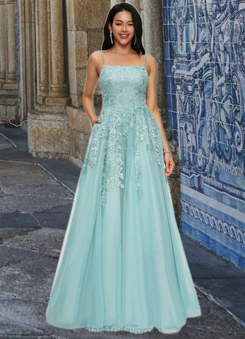 Kamora Ball-Gown/Princess Straight Floor-Length Tulle Prom Dresses With Appliques Lace Sequins BF2P0022206