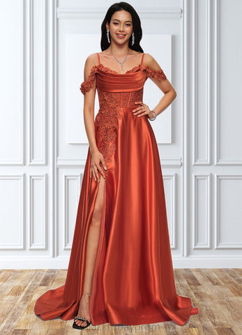 Sophronia A-line Off the Shoulder Sweep Train Satin Prom Dresses With Rhinestone BF2P0022208
