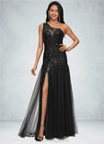 Stephany Trumpet/Mermaid One Shoulder Illusion Floor-Length Lace Tulle Prom Dresses With Sequins BF2P0022217