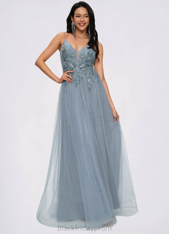Cheyanne A-line V-Neck Floor-Length Tulle Prom Dresses With Appliques Lace Sequins BF2P0022223