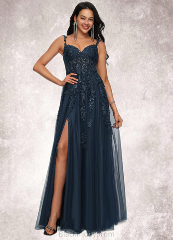 Regan A-line V-Neck Floor-Length Tulle Prom Dresses With Sequins BF2P0022224