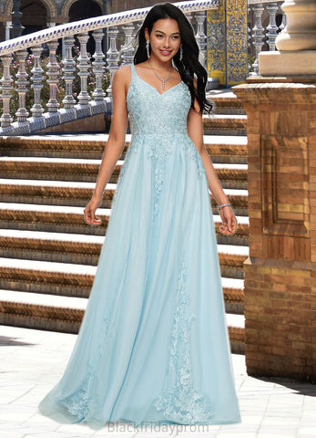 Mckenzie A-line V-Neck Floor-Length Tulle Prom Dresses With Rhinestone Appliques Lace Sequins BF2P0022225