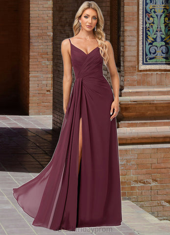Chloe A-line V-Neck Floor-Length Chiffon Bridesmaid Dress With Ruffle BF2P0022611
