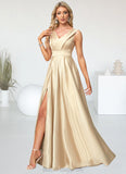 Tatiana A-line V-Neck Floor-Length Satin Bridesmaid Dress BF2P0022612