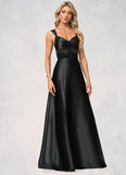 Mattie A-line V-Neck Floor-Length Stretch Satin Bridesmaid Dress With Bow BF2P0022615