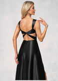 Mattie A-line V-Neck Floor-Length Stretch Satin Bridesmaid Dress With Bow BF2P0022615
