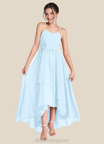 Aliyah A-Line Ruched Chiffon Asymmetrical Junior Bridesmaid Dress Sky Blue BF2P0022848