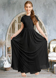 Mara A-Line Ruched Mesh Floor-Length Junior Bridesmaid Dress black BF2P0022857
