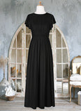 Mara A-Line Ruched Mesh Floor-Length Junior Bridesmaid Dress black BF2P0022857