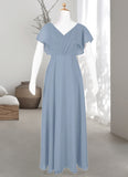 Lilianna A-Line Ruched Chiffon Floor-Length Junior Bridesmaid Dress dusty blue BF2P0022872