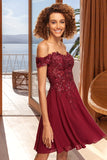 Janiah A-line Off the Shoulder Short/Mini Chiffon Lace Homecoming Dress With Sequins BF2P0020528