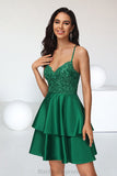 Stephany A-line V-Neck Short/Mini Lace Satin Homecoming Dress With Sequins BF2P0020499