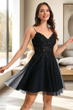 Genesis A-line V-Neck Short/Mini Tulle Homecoming Dress With Sequins BF2P0020462