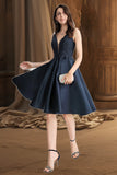 Paisley A-line V-Neck Knee-Length Lace Satin Homecoming Dress With Beading BF2P0020517