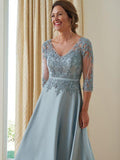 Anne A-Line/Princess Satin Applique V-neck 3/4 Sleeves Floor-Length Mother of the Bride Dresses BF2P0020381
