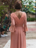 Kaliyah A-Line/Princess Chiffon Ruffles V-neck Long Sleeves Floor-Length Mother of the Bride Dresses BF2P0020384