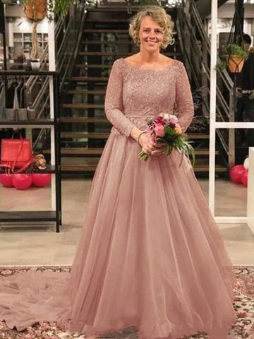 Ava A-Line/Princess Tulle Applique Scoop Long Sleeves Court Train Mother of the Bride Dresses BF2P0020413