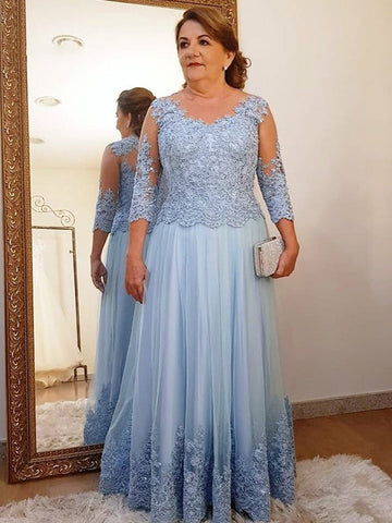 Jade A-Line/Princess Tulle Applique Scoop 3/4 Sleeves Floor-Length Mother of the Bride Dresses BF2P0020415