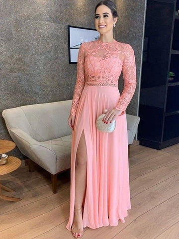 Lily A-Line/Princess Chiffon Lace High Neck Long Sleeves Floor-Length Mother of the Bride Dresses BF2P0020425