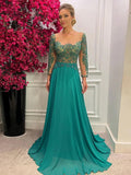 Alia A-Line/Princess Chiffon Applique Scoop Long Sleeves Sweep/Brush Train Mother of the Bride Dresses BF2P0020448