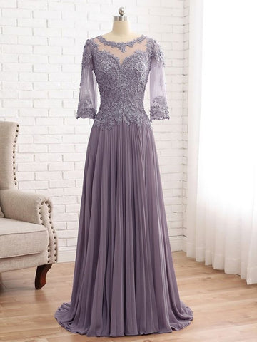 Maya A-Line/Princess Chiffon Lace Scoop 3/4 Sleeves Sweep/Brush Train Mother of the Bride Dresses BF2P0020455