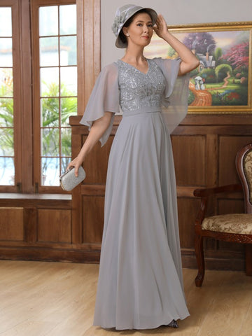 Paula A-Line/Princess Chiffon Applique V-neck 1/2 Sleeves Floor-Length Mother of the Bride Dresses BF2P0020334