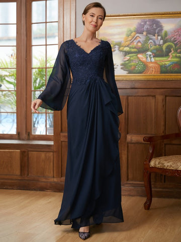 Janessa A-Line/Princess Chiffon Applique V-neck Long Sleeves Floor-Length Mother of the Bride Dresses BF2P0020335