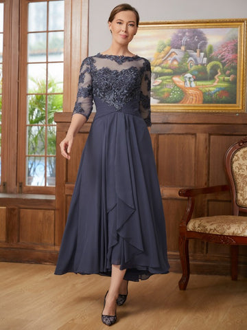 Prudence A-Line/Princess Chiffon Applique Scoop 3/4 Sleeves Asymmetrical Mother of the Bride Dresses BF2P0020346