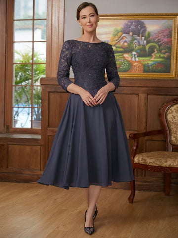 Ivy A-Line/Princess Chiffon Lace Scoop 3/4 Sleeves Tea-Length Mother of the Bride Dresses BF2P0020347