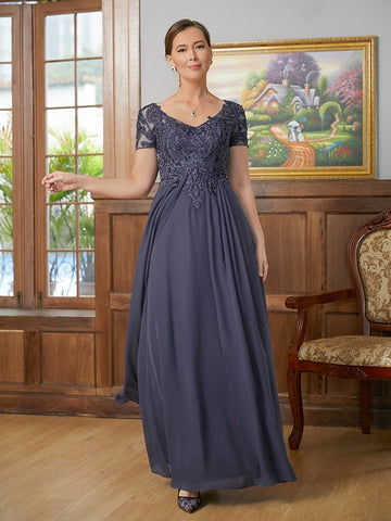 Elyse A-Line/Princess Chiffon Applique V-neck Short Sleeves Floor-Length Mother of the Bride Dresses BF2P0020337
