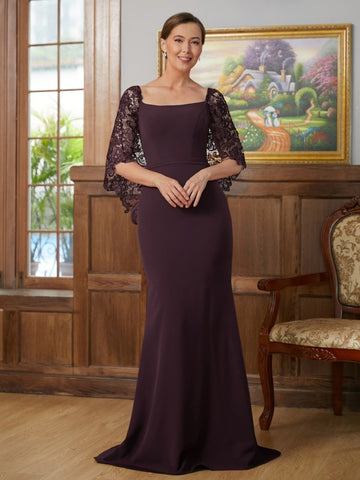 Brooklyn Sheath/Column Stretch Crepe Lace Square 1/2 Sleeves Sweep/Brush Train Mother of the Bride Dresses BF2P0020329