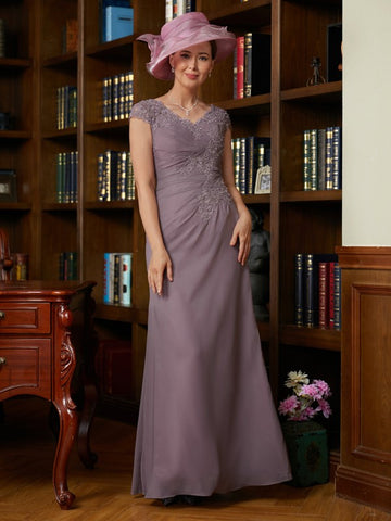 Ruby Sheath/Column Chiffon Lace V-neck Short Sleeves Floor-Length Mother of the Bride Dresses BF2P0020339