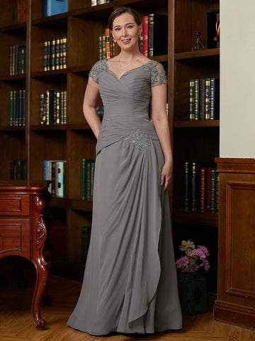 Hazel A-Line/Princess Chiffon Applique Sweetheart Short Sleeves Floor-Length Mother of the Bride Dresses BF2P0020328